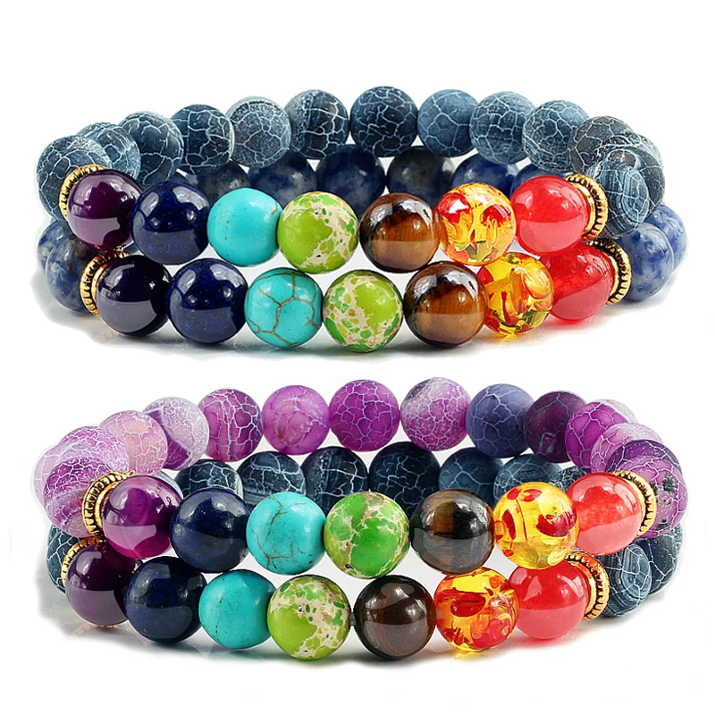 2 шт./компл. 7 Чакра браслет Будды тигр глаз камень браслеты лавы эластичные