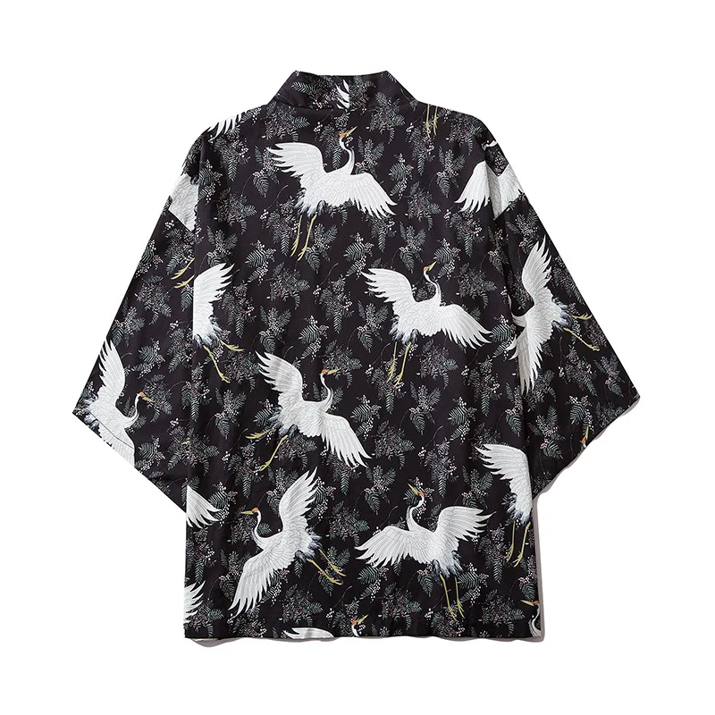 

Японское кимоно в стиле Харадзюку 2021, куртка с принтом журавлей и листьев, хип-хоп Мужская Уличная одежда в японском стиле, летняя тонкая оде...