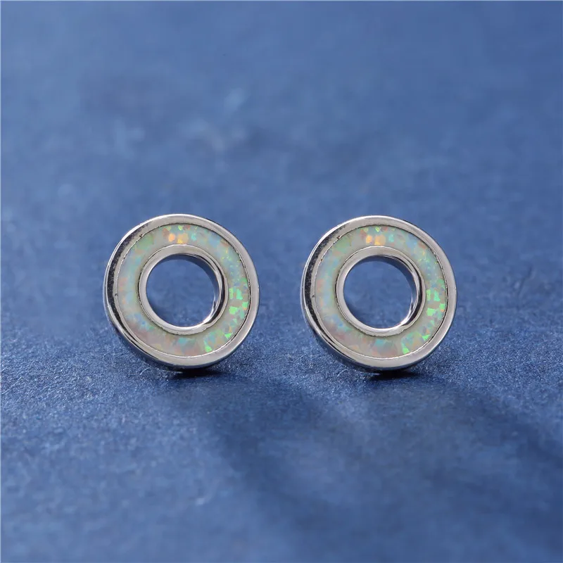 

Simple Female Blue White Opal Stone Earring Trendy Silver Color Small Stud Earrings For Women Charm Round Hollow Wedding Jewelry