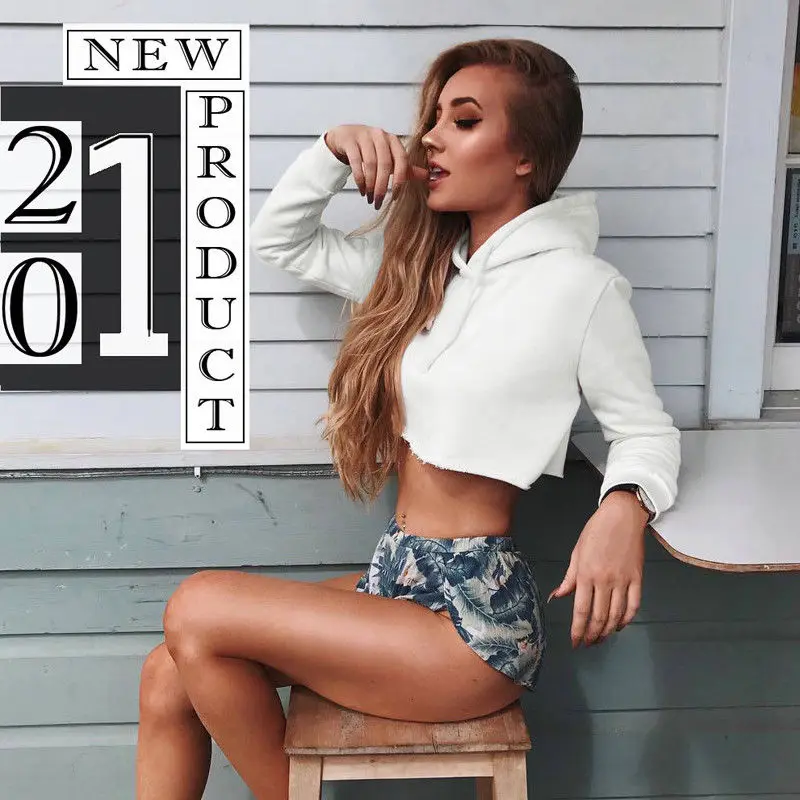New Fashion Sexy Women White Hoodie Sweatshirt Crop Top Long Sleeve Pullover Hooded Short Clothing Women's Clothing Hoodies