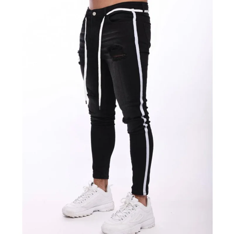 

Trendy Men Skinny Jeans Biker Destroyed Frayed Fit Denim Ripped Denim Pants Side Stripe Pencil Pants Hip Hop Streetwear