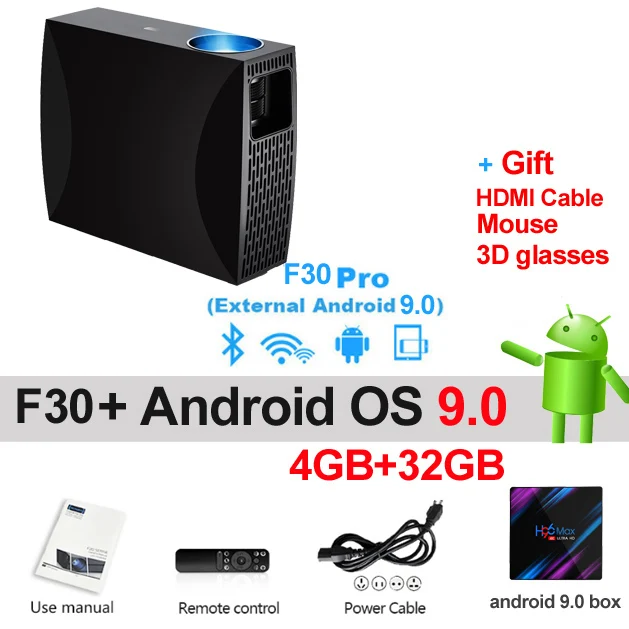 WZATCO F30 Full HD 1920x1080 Android 9,0 дополнительный светодиодный 3D проектор 5500 люмен wifi Bluetooth домашний кинотеатр проектор 4K - Цвет: F30 add 32GB Android