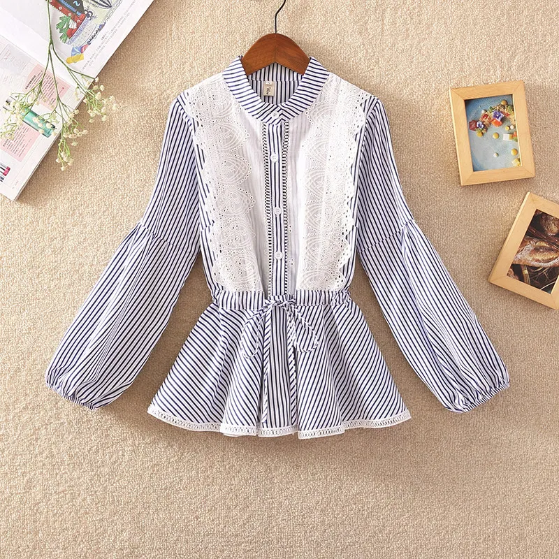 

MUMUZI Women Striped Shirts 2021 Spring Long Sleeve Blouses Shirt Office Lady Cotton Lace slim waist Shirt Tunic Casual Tops