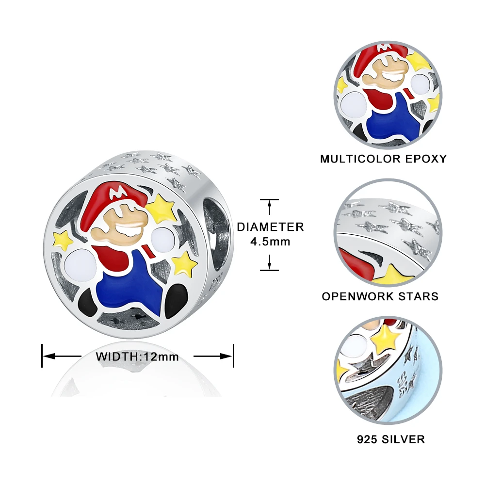 

925 Sterling Silver Cute Round Mario Beads Red Enamel Blue Pants Charms Fit Pandora Bracelet for Women Fashion Jewelry Gift