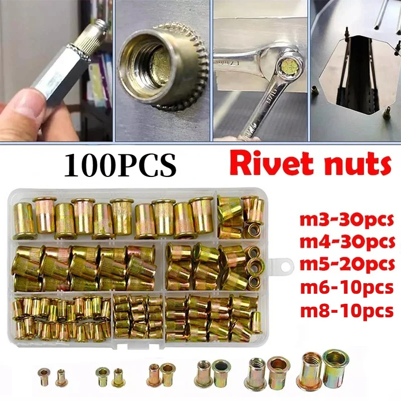 

100 шт. M3 M4 M5 M6 M8 комплект гаек из оцинкованной углеродистой стали с заклепками детали оборудования плоская головка заклепочный инструмент дл...
