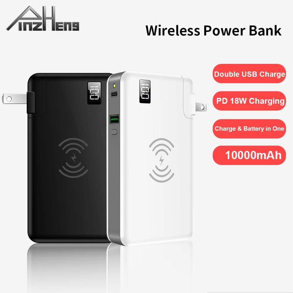 

PINZHENG Wireless Power Bank 10000mAh For iPhone 12 Pro For Xiaomi USB C PD 18W Fast Charging 3 in 1 Charger & Battery in One