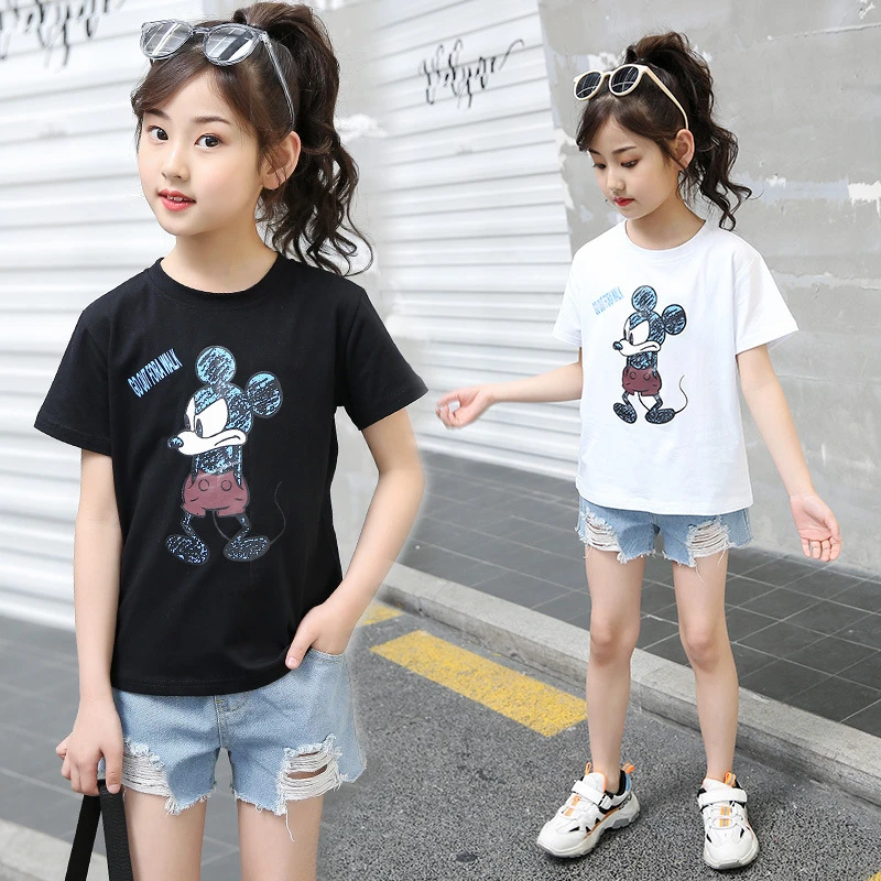 Летняя хлопковая Детская футболка с короткими рукавами и рисунком Микки Мауса