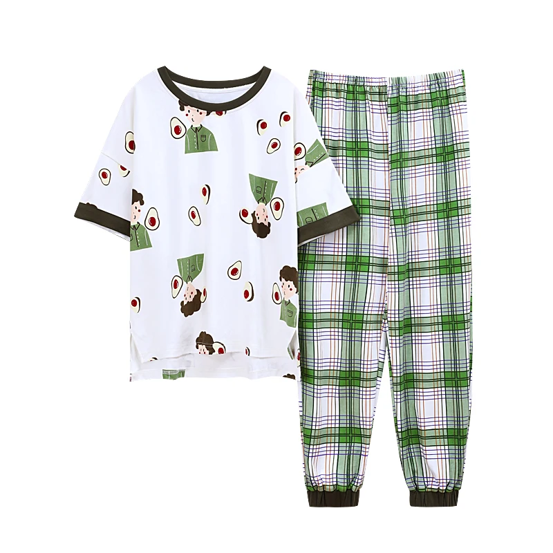 

For Women Fashion Green Plaid Shorts Homewear Leisure Cotton Round Neck Cute Avocado Women Sleepwear Summer Short Sleeve Pajamas