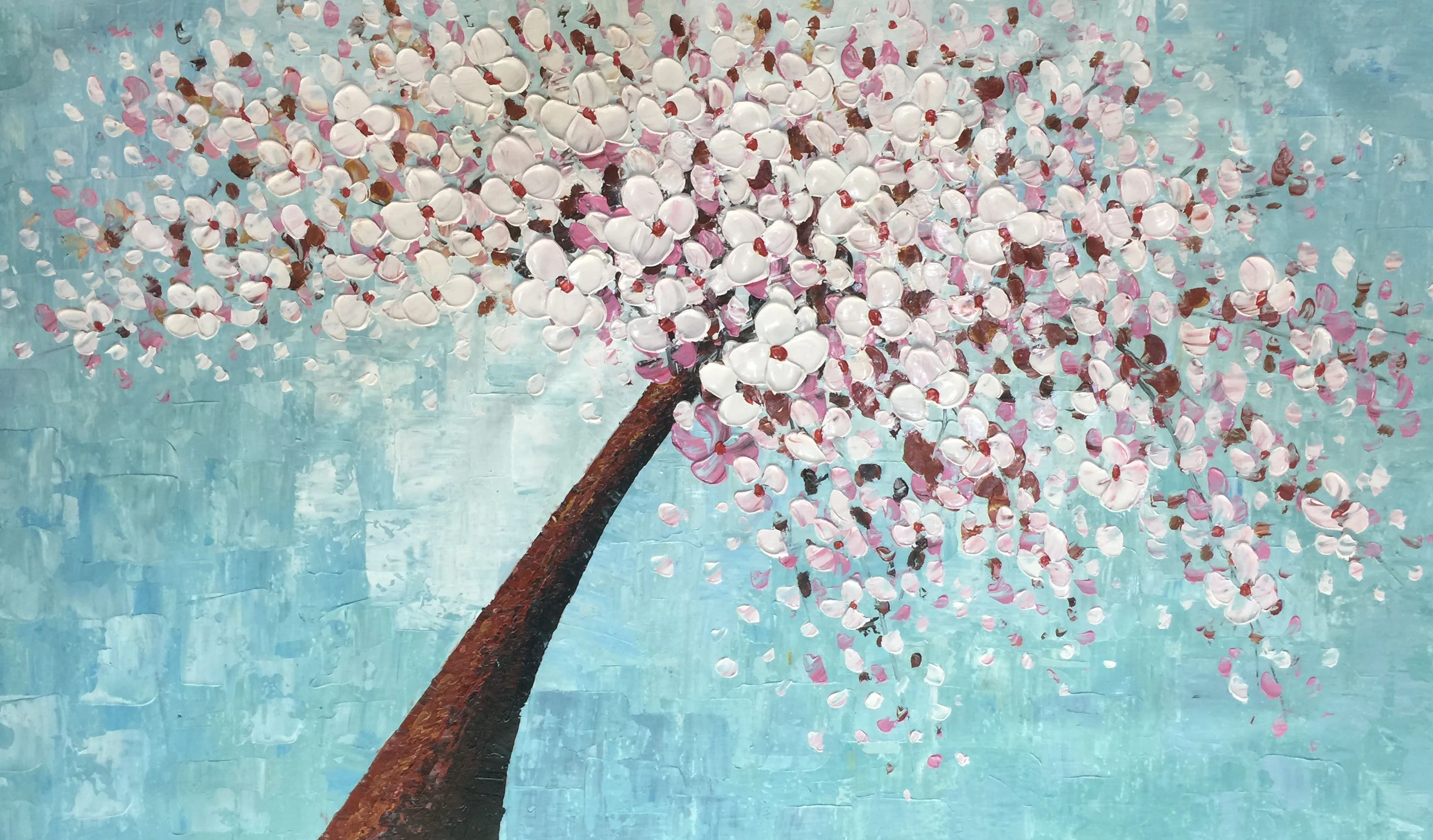Goedkoop Handgemaakte Canvas Olieverf Boom Bloem Licht Groen Blauw Wit Wall Art Home Decoration Foto Voor Woonkamer