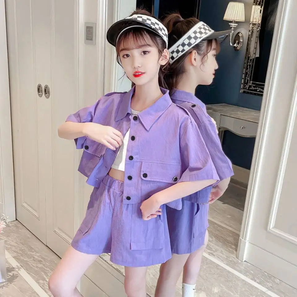 

New Sale Solid Color Turn-down Collar T-shirt+Short Pant 2Pcs Set For Baby Girl Clothes Suit Casual Fashion Summer Girl Outfits