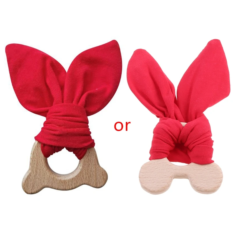 

Baby Wooden Teether Ring Bunny Ear Animal Chewable Teething Molar Play Gym Toys