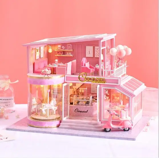 Розовый кукольный домик мебель собрать деревянные миниатюрные кукольные домики