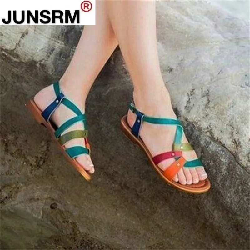 

2021 Summer New Comfortable Walking Women's Casual Sandals Fashion Buckle Leak-toe Color Matching Non-slip Flat Women's Sandals