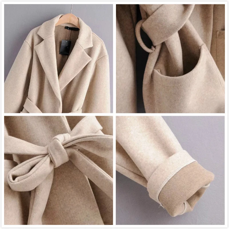 Autumn Winter With Belt Vintage Woolen Coats Women Solid Pockets Wool Outwear Office Ladies Jacket Coat Female Casaco Feminino | Женская