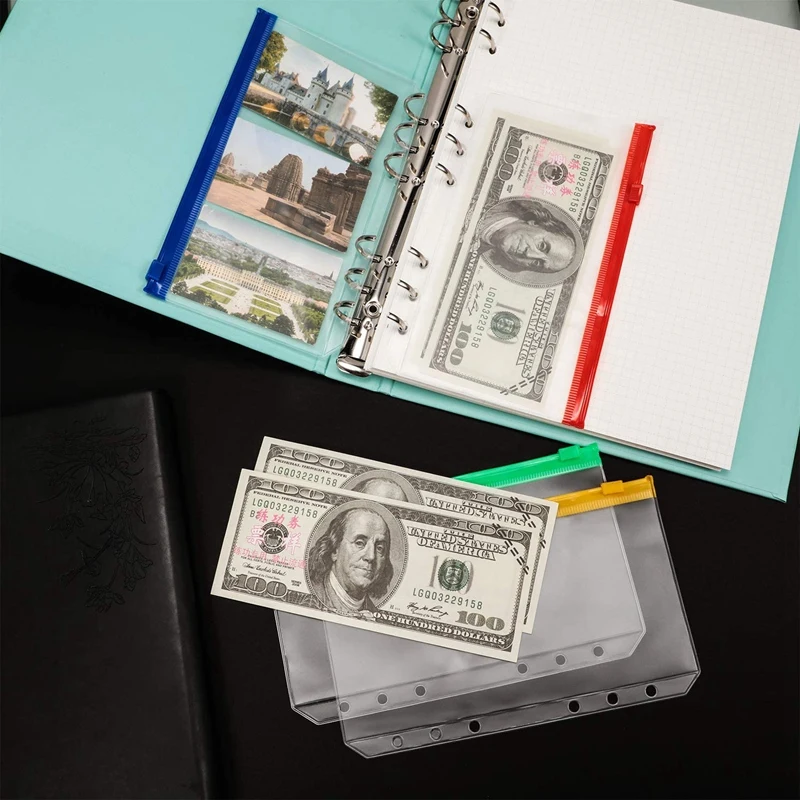 

12Pcs A6 Size 6 Holes Binder Pockets Plastic Colorful Binder Zipper Folders for 6-Ring Notebook Binder Loose Leaf Bags