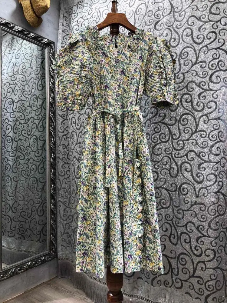 

High Quality Floral Dress for Women 2021 Spring Summer New Short Sleeve Dress Wave Ruffled Design Ball Gowm Maxi Dress Female