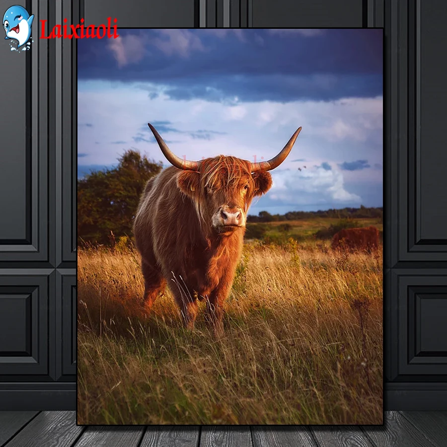 

Алмазная вышивка Highland крупного рогатого скота Алмазная мозаика корова алмазов картина камни в форме ромба Круглый Вышивка крестиком Страз...