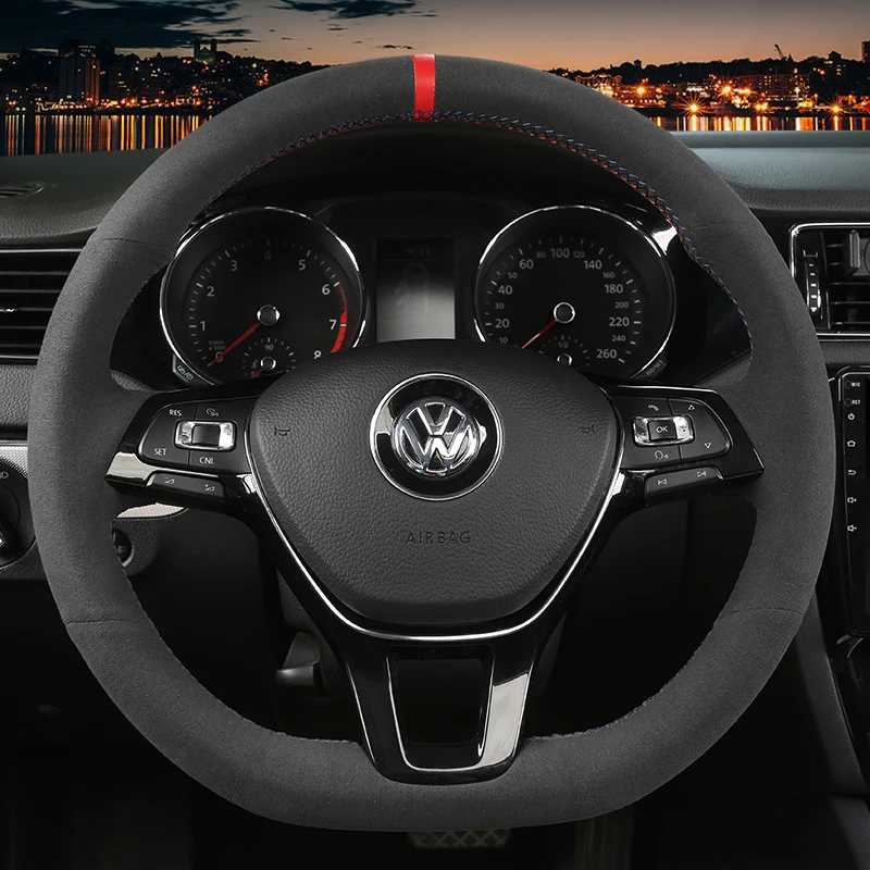 

DIY hand-stitched leather suede car steering wheel cover for Volkswagen CC Touareg Sagitar phteaon Tharu Passat
