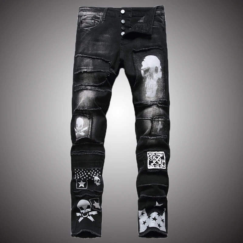 

Skinny Jeans Men Streetwear Casual Denim Pants Skulls Print Jeans Slim Fit Trousers Fashion Clothes High Quality BP064