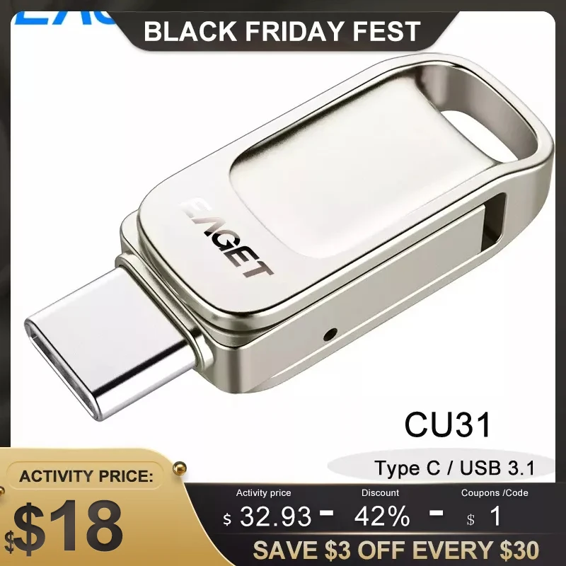 

Флэш-накопитель EAGET CU31, USB 128/Type-C, 32 ГБ/64 Гб/3,0 Гб, металлический корпус, карта памяти OTG, Type-C, мини-U-диск для ПК