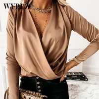 summer sexy v neck cross womens blouse fashion long sleeve thin top 2021 spring casual office elegant lady solid blouses female