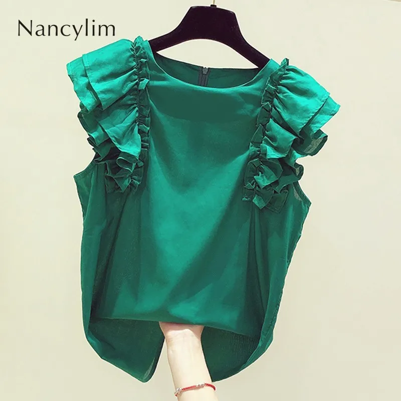 Green Blouse Women 2021 Summer New Korean Style Elegant Ruffle Flying Sleeves Round Neck Pullover Shirt Lady Cotton Tops Blusas