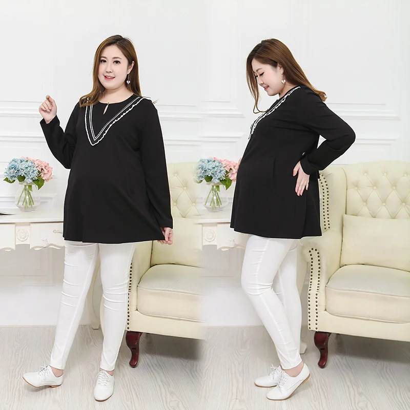 

Large size pregnant women mm long coat dress plus fertilizer XL long-sleeved T-shirt black bottoming shirt
