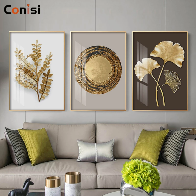 

Modern Abstract Wall Mural Golden Feather and Leaves Canvas Painting Poster and Prints Home Decor for Livingroom Decoration