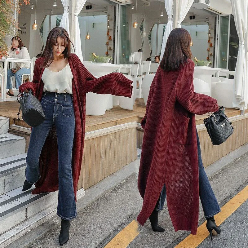 

Cardigan Women Long Sweater Pink Knitted Wear 2019 Autumn Winter Long Sleeve Split Fashion Sweater Jacket Coat Girls Solid Coat