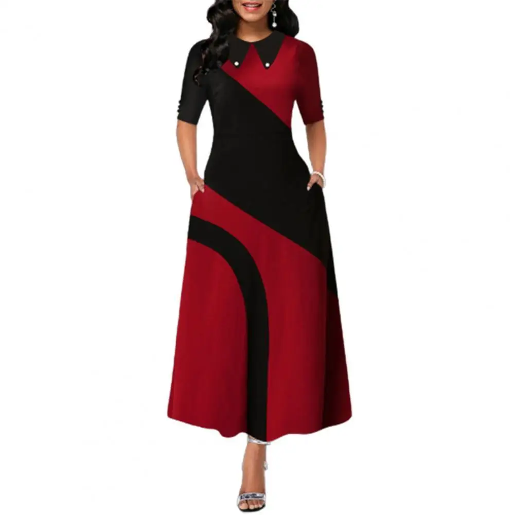 

Plus Size Maxi Dress Women Retro Large Hem Contrast Color Side Pockets Half Sleeve Elegant Party Dress Winter