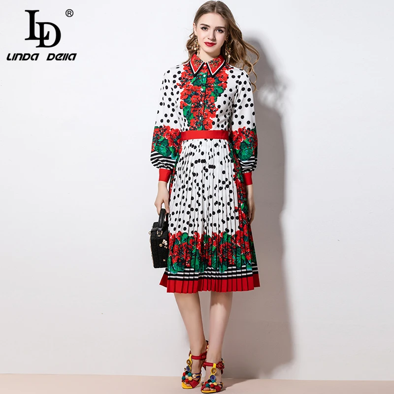 Женское платье с длинным рукавом LD LINDA DELLA винтажное плиссированное в горошек