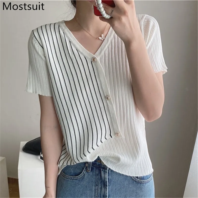 

Женский трикотажный пуловер, однобортный свитер в полоску с коротким рукавом и V-образным вырезом, винтажный джемпер в Корейском стиле, лето...