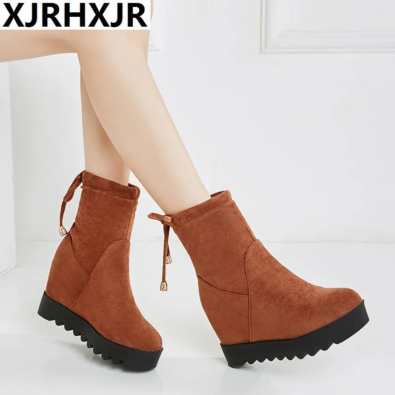 

Large Size 31-43 Comfortable Platform Ankle Boots Women Autumn 2021 Elegant Flock 8cm High Heels Shoes Woman Height Increasing