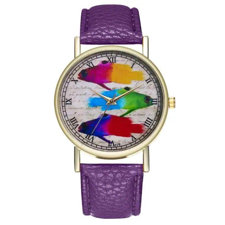

Fashion Children Quartz Watch Leather Strap Creative Color Fish Roman Scale Golden Alloy Dial Kids Watches Boy Gift Girl T19-A