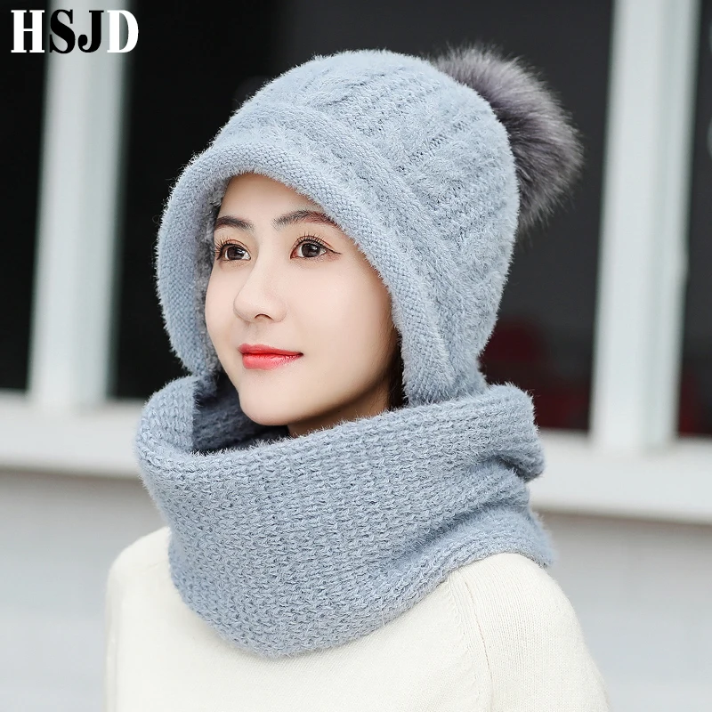 Утолщенные теплые вязанные шарф и шапка из кроличьей шерсти набор 2019 новые