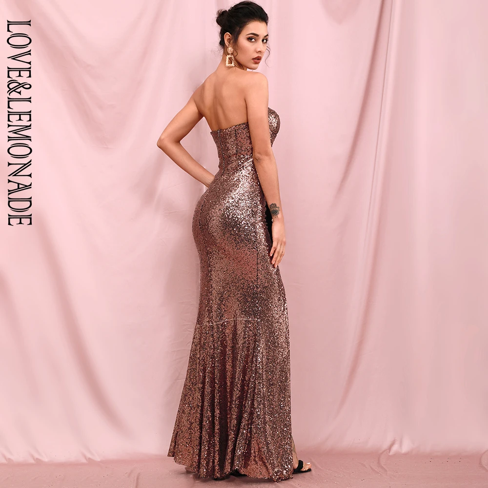

LOVE&LEMONADE Sexy Tube Top Whit Split Dark Gold Sequins Streamer Fishtail Shape Party Maxi Dress LM82438
