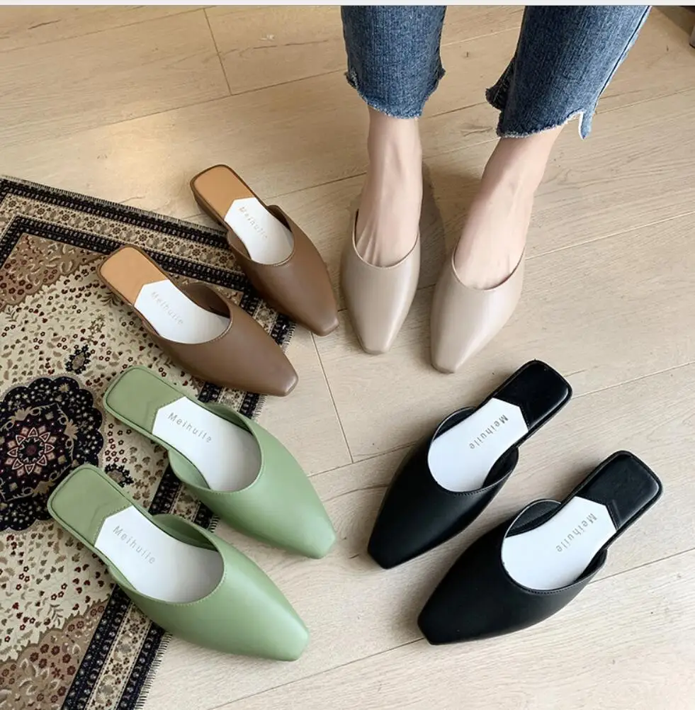 

2021 Fashion Pointed Toe Mules Women Summer Slippers Candy Color Flats Slip-on Holiday Ladies Sandals Slides PU Women Shoes