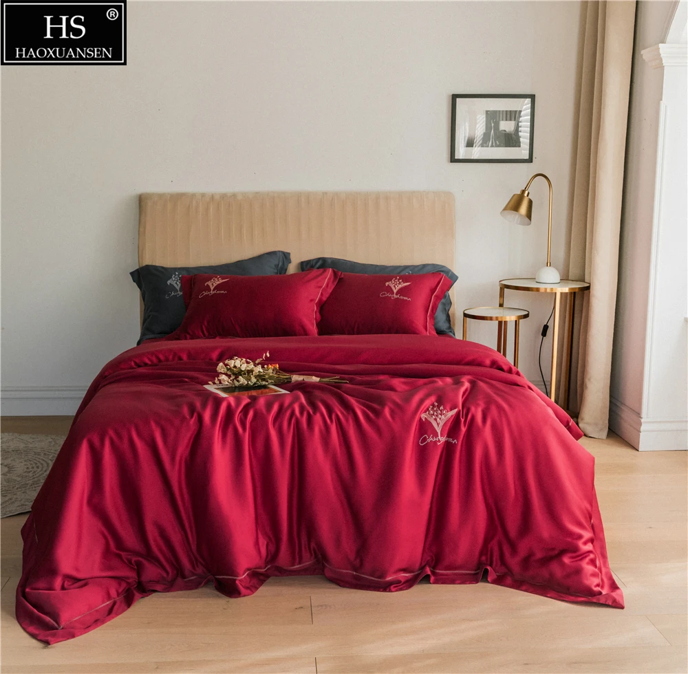 

Coquettish Wine Red 4Piece Bedding Sets Tencel Lyocell Silky Soft Pillowcase Duvet Cover Bed Sheet Delicate Hot Drilling Orchid