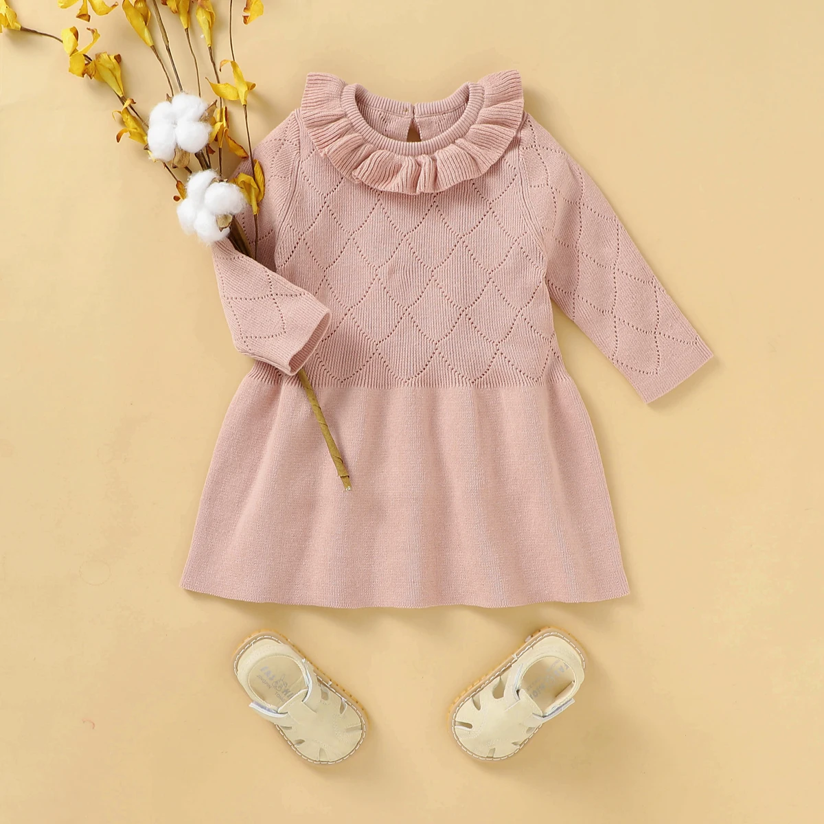 

Baby Girls Knit Long Sleeve Dress Toddler Kids Woven Ruffle O Collar Solid Outfits Spring Autumn Soft Warm Sweater Dresses 1-4Y