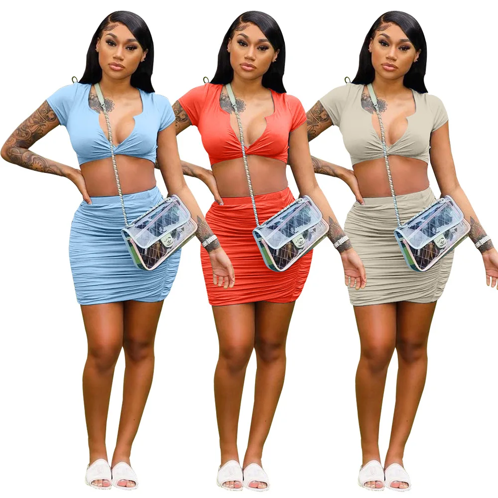 

2021 Summer New Style Women's Fashion Sexy Solid Color Pleated V-Neck Skirt Two-Piece Suit