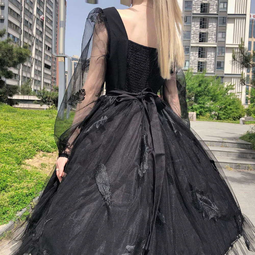 

2021 Summer New Net Yarn Bow Feather Solid Color Square Collar Long Sleeve Perspective Women's Dress Fashion High Street