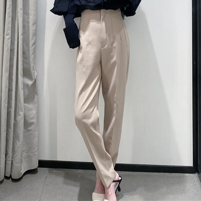 

Women Summer Casual Solid Ankle-Length Pants 2021 ZA High waist Fashion Street Female Elegant Straight Pants Trousers Clothing