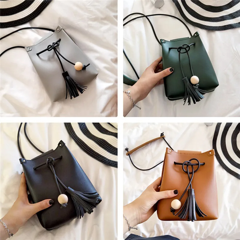 

Portable Mini Bucket Bag Fashion Tassel Handbag Simple Shoulder Messenger Bags For Women Wild Crossbody Bags