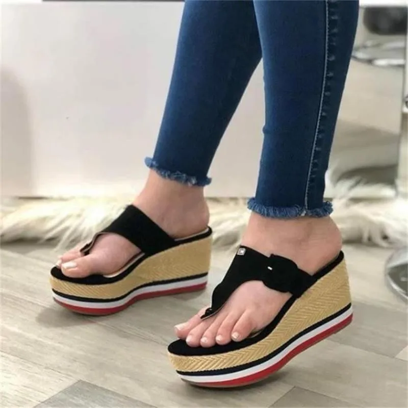

2021 Women's PU Sandals Solid Color Herringbone Buckle with Decorative Wedges Sandals Comfortable Summer Sandalias De Mujer