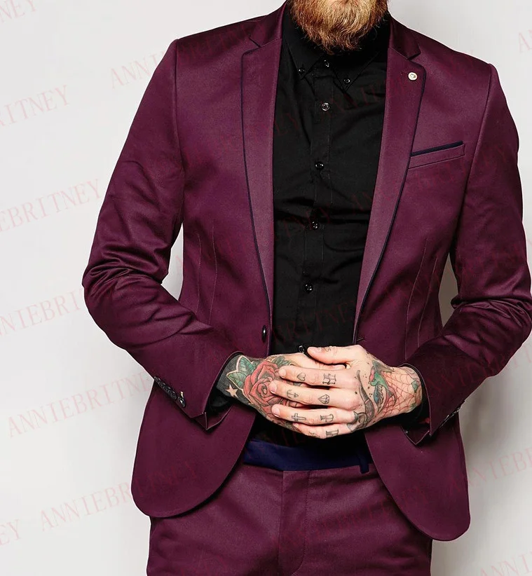 Мужские атласные костюмы ANNIEBRITNEY темно фиолетового цвета приталенные Формальные