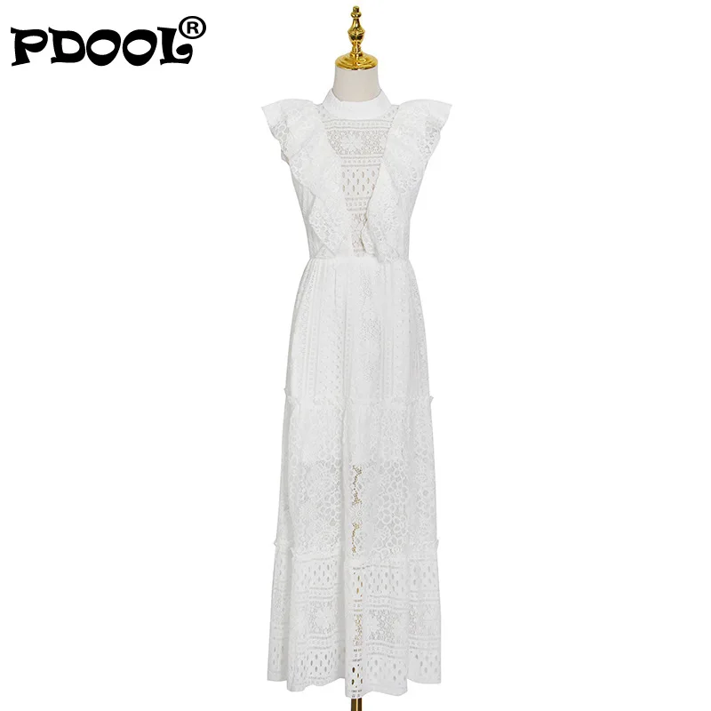 

Patchwork Lace Ruffle Dress For Women Stand Collar Short Sleeve High Waist Elegant Dresses Female Fashion New 2021