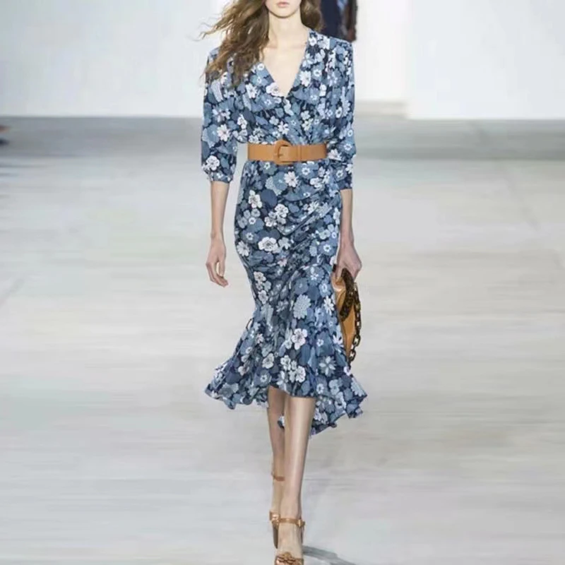 

Новинка 2021, женские платья с цветочным принтом, с бабочкой, женское элегантное платье с v-образным вырезом, женские повседневные платья