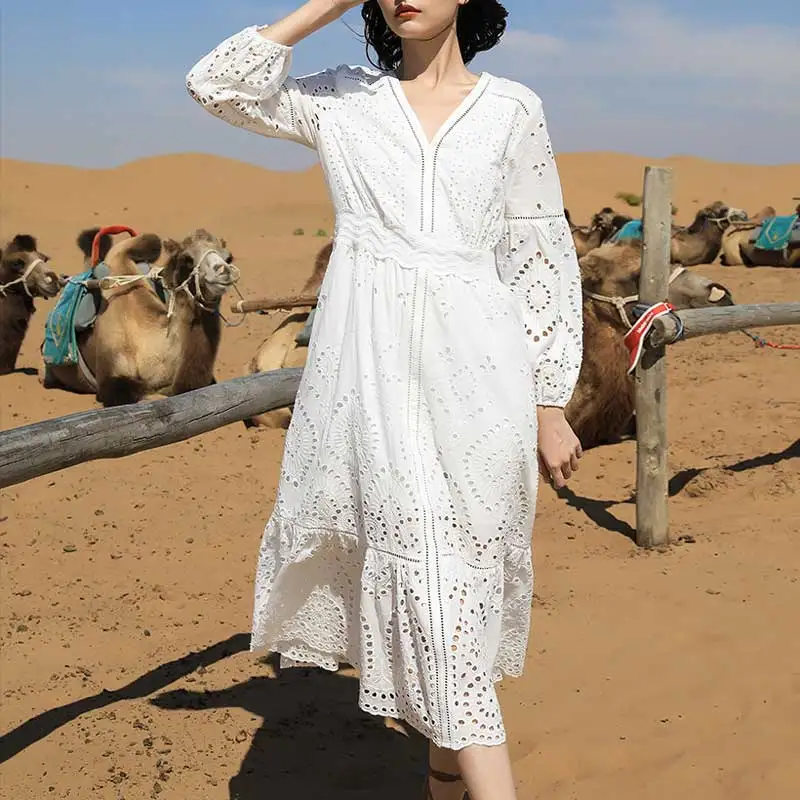 Женское платье с длинным рукавом в стиле бохо хлопковое вырезом лодочкой и
