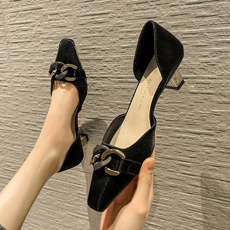 

Dress Shoes Woman Office Ladies Chunky Sandals 3cm Heels 2021 Lace-Up Hollow Shallow Mouth Slip On Footwear Square Toe Work Bloc