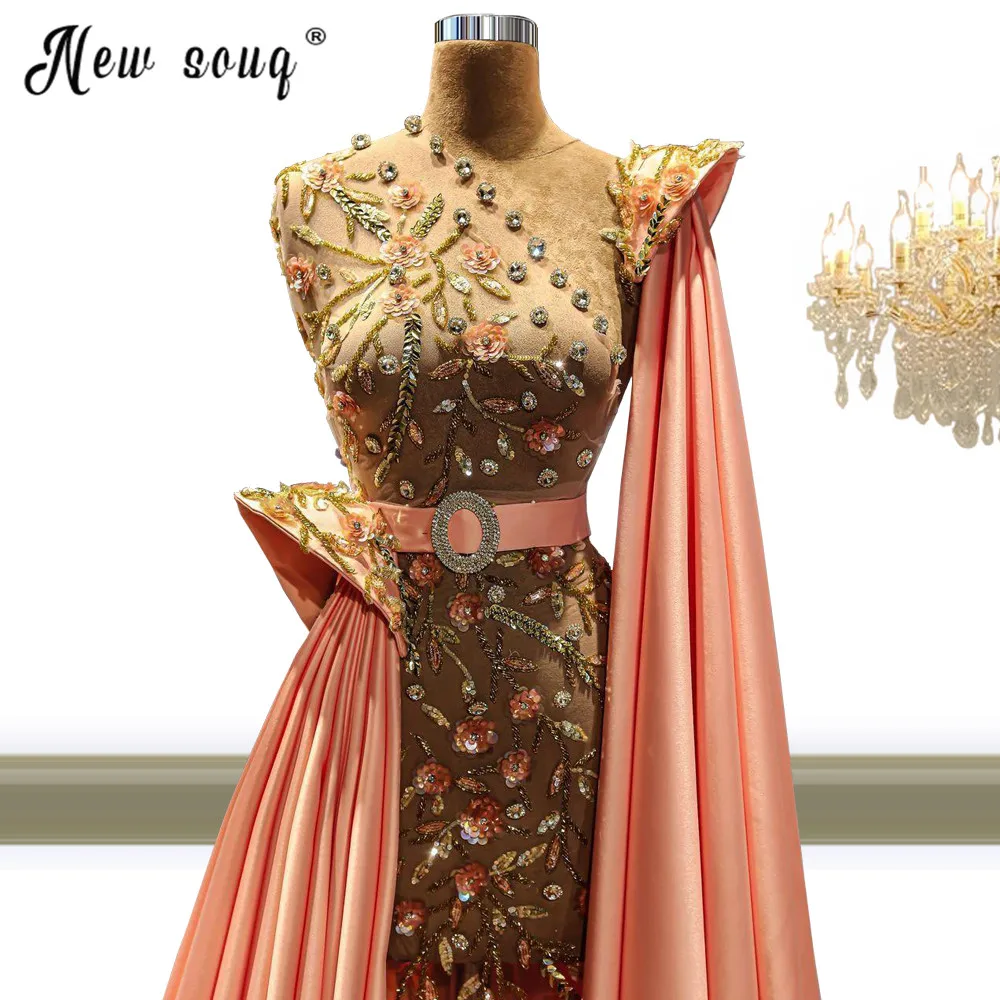 

Arabic One Shoulder Shining Evening Dress with Cape Long Sleeves Dubai Women Wedding Party Gowns Elegant Plus Size